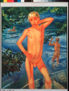 Gutter som bader. Maleri av Kuzma Sergeevich Petrov Vodkin (Petrov-Vodkin) (Kouzma Petrov Vodkin) (Petrov-Vodkin) (1878-1939), olje på lerret av Kuzma Sergeevich Petrov Vodkin