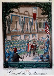 Katalog: "" Le Conseil des Ancients"" Gravering fra "" Mors et customs du peuple francais"", gravering av Labrousse. Paris fra 1700-tallet, B.N.