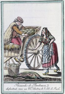 Poissarde de Bordeaux diskuterte med en østershandler fra lederen av Buch - i "" Encyclopedia of travels"" av J. Grasset St Sauveur, Deron, Paris av L.F. Labrousse