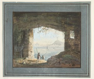 Utsikt fra ruin over havbukt med vulkan av L. Chipart