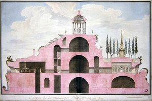 Tverrsnitt av Prosjekt for et kunstig fjell til ære for Festival of Tverrsnitt av et prosjekt for et kunstig fjell til ære for Festival of Reason som skal reises i en offentlig hage i Bordeaux av L. Dutourd