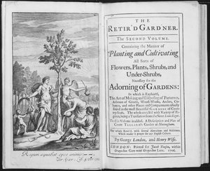 Frontispice til The Retird Gardener av George London og Henry Wise, gravert av Van der Gucht, 1706 (bw-foto) av L. Laguerre