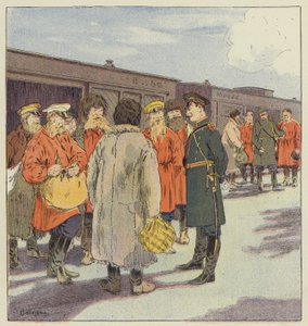 Stans av et tog som frakter reservister i Manchuria av L. Malespine
