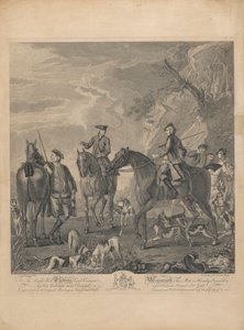 Et sett på syv, uten tittel, hver dedikert: Til høyre, ære. Thomas Lord Viscount Weymouth ... fra originalmaleriet i Long Leat Hall. [Ryttere og hunder som hviler i et steinete landskap.]