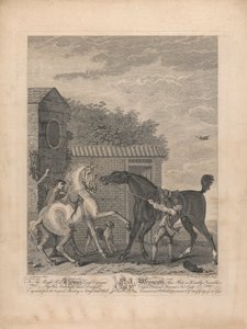 Et sett på syv, uten tittel, hver dedikert: Til høyre, ære. Thomas Lord Viscount Weymouth ... fra originalmaleriet i Long Leat Hall. [To hester som står urolig utenfor en stall...]