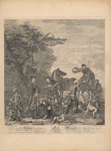 Et sett på syv, uten tittel, hver dedikert: Til Høyre Hon'ble. Thomas Lord Viscount Weymouth ... fra originalmaleriet i Long Leat Hall. [Drap: to ryttere gikk av, en holder reven over ropende hunder; jegeren som blåser i hornet ...]