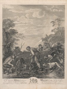 Et sett på syv, uten tittel, hver dedikert: Til høyre, ære. Thomas Lord Viscount Weymouth ... fra originalmaleriet i Long Leat Hall. [Tre menn graver ut en revs jord, fulgt ivrig av hunder...]