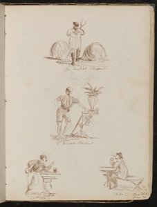 "English Peasant", "en Genoese Peasant", studie av figurer i tavernaer påskrevet "Battista" og "Bile", sted og dato "20. juni" av Lady Butler