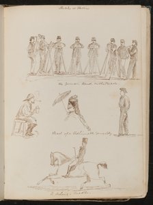 "German Band on the Parade", studie av en sittende mann med tankard og pipe, "Head of a fashionable young lady" og "en ride-master" av Lady Butler