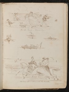 "On the Parade, a windy Day", båter med dagsturister, ryttere på hester påskrevet "riding with the master" av Lady Butler