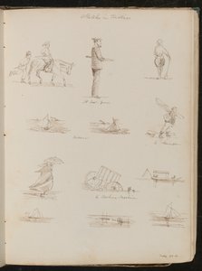 Studier av barn, en sjømann påskrevet "A Coast-guard?, seks studier av båter påskrevet "Cutters", en Shrimper, en kvinne med parasoll, datert "27.-61. mai" av Lady Butler