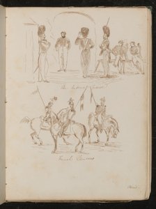 Studier av soldater påskrevet "Imperial Guards", soldater med flagg på hesteryggen påskrevet "French Lancers" av Lady Butler