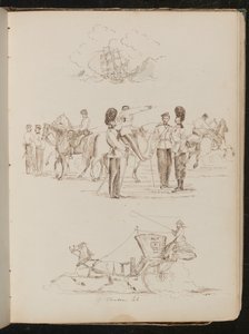 Studie av et skip som blåser på vann, studie av åtte soldater og fem hester, studie av en hest og vogn med en kvinnelig rytter av Lady Butler