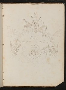 Studie av kunstnermaterialer, sommerfugl, blomster, flagg, klippevegg og krans i våpenskjoldformasjon rundt inskripsjonen "Sluttet 12. august 1861" av Lady Butler
