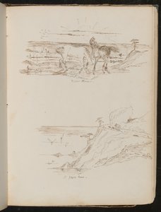 Studie av to hester i landskap påskrevet "Wild Horses", studie av kystscene og klippevegg påskrevet "en sikksakkvei" av Lady Butler