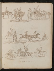 Tre studier av soldater på hesteryggen påskrevet "Garibaldian Cavalry" av Lady Butler
