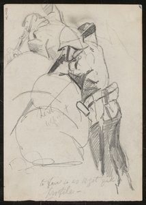 To soldater som skyter nedover over sandsekker, påskrevet "to face for å få full profil?", 1879 av Lady Butler