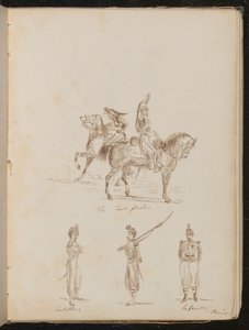To soldater på hesteryggen påskrevet "The Cert gardes", studier av artilleri- og infanterisoldater av Lady Butler