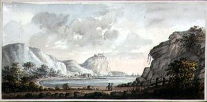 Landskap med to figurer med utsikt over en bukt, ca. 1825 (akvarell på papir) av Lady Egerton