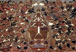 Maleri i Wayang Beber-stil som er inspirert av Theatre of Shadows (wayang kulit), Mangkunegaran Palace, Surakarta, Java, Indonesia