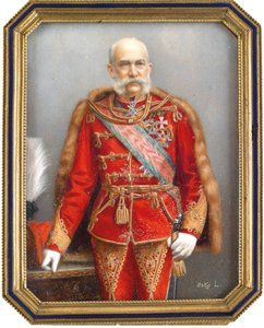 Portrett av Francois Joseph I av Østerrike (1830-1916), i ungarsk uniform. Verk av Lajos Osko (1865-1922), akvarell og gouache på horn. Ungarsk kunst, akademisk kunst. Privat samling. av Lajos Osko