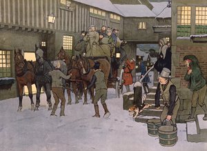 Ankomsten av en trener (farge litho) av Laloin Laloin