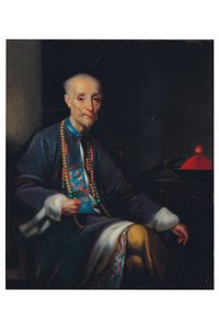 Portrett av Houqua, trekvart lengde, sittende, i et interiør (olje på lerret) av Lam Qua (attr. to)