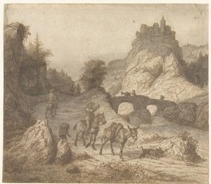Fjelllandskap med slott og figurer
