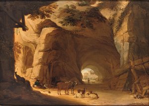 Gjetere og storfe deres hviler i en grotte (olje på panel)
