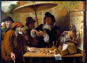 Sjarlatanen. Reisende diskuterer boniments for å selge narkotika på det offentlige torget. Maleri av Lambert Doomer (1623-1700)