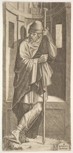 St. James Major lente seg på en stang foran en nisje, venstre ben krysset over høyre, fra..., 1545. av Lambert Suavius