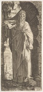 St. Paul stående under en overgrodd bue, venstre fot plassert på en stein, høyre hånd..., 1545.