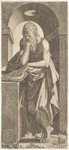 St. Simon står foran en åpen bok med fingrene på venstre hånd presset på ..., 1545.