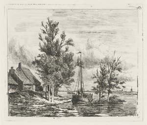 Elvelandskap med seilskute og gård
