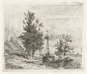 Elvelandskap med seilskute og gård