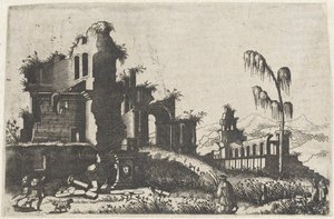 Landschap met bekrövde ruïnes en reisende Tegninger av ruiner av ulike fabrikater svært nyttige for malere og andre kunstnere av den typen (serietittel)