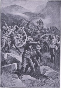 En pistol veltet i en åsside, fra After Pretoria: The Guerilla War utgitt av Harmsworth Bros Limited, 1901 av Lancelot Speed