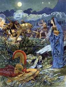 Jason, hjulpet av Medea som pløyer markene på Mars, ca. 1900 (illustrasjon)