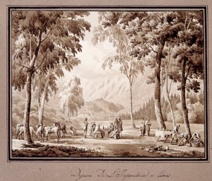 Frokost til imponen Josephine de Beauharnais i Cervos i 1810. Tegning av Theodore Turpin De Crisse (1782-1859)