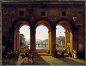 Utsikt over Firenze Ponte Vecchio. Maleri av Theodore Turpin De Crisse (1782-1859)