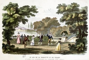 Gamle spill: spillet med racket og ratt, stamfar til badmington, basert på et litografi av Langlumé 1800-tallet.
