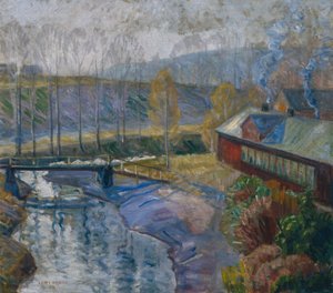 Landskap med hus og elv