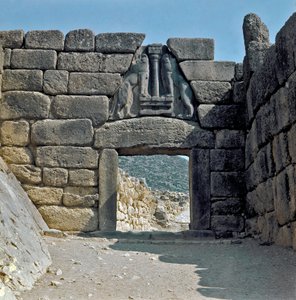 The Gate of the Lions: stedet for den gamle byen Mykenes, på Peloponnes (1500-1100 f.Kr.) Hellas