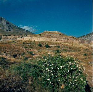 Utsikt over stedet for den gamle byen Mykenes, på Peloponnes (1500-1100 f.Kr.) Hellas