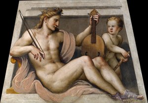 Apollo med amor par Gambara, Lactantius (ca. 1530-1574). Fresco, størrelse: 155,5x109,, Tosio Martinengo Art Gallery, Brescia