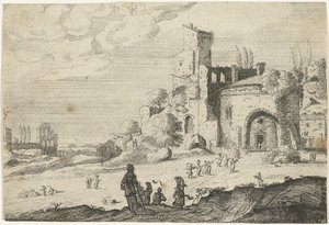 En gruppe kvinner nærmer seg en bygning Landskap med gamle romerske bygninger (serietittel)