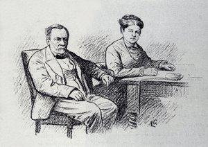 Portrett av Louis Pasteur (1822-1895), fransk kjemiker og fysiker som dikterer et forhold til sin kone Marie Laurent. Skisse av Lucien Laurent-Gsell (Laurent Gsell) (1860-1944). DR av Laurent Lucien Gsell