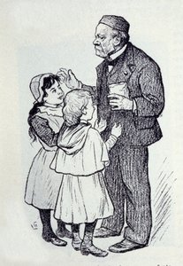 Portrett av Louis Pasteur (1822-1895), fransk kjemiker og fysiker som gir søtsaker til barna ved instituttet. Skisse av Lucien Laurent-Gsell (Laurent Gsell) (1860-1944). DR av Laurent Lucien Gsell