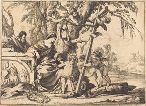 Hellig familie med engler og korset, knuser en slange av Laurent de la Hyre