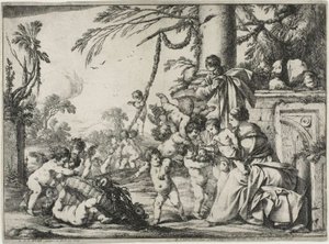 Den hellige familie med Putti av Laurent de la Hyre